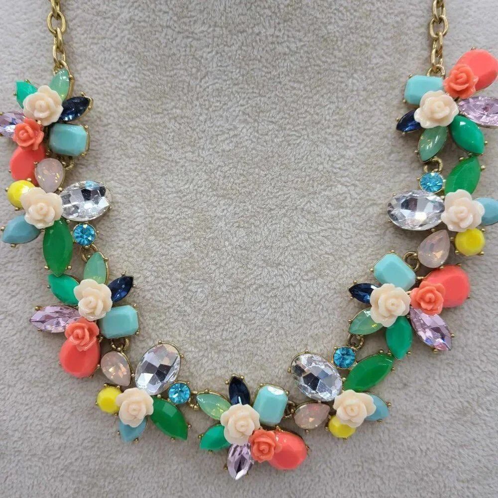 J Crew Rose Garden Multi Color Crystal and Resin Statement Necklace